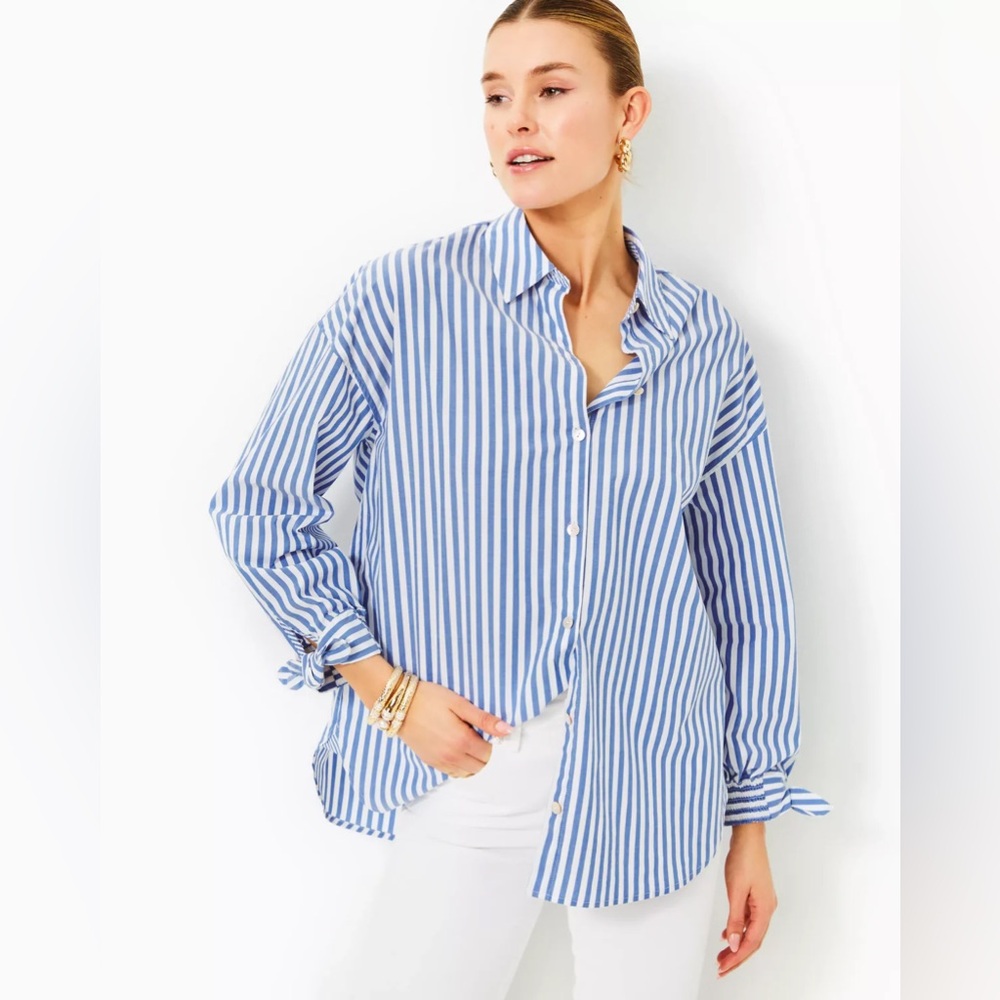 Lilly Pulitzer Lesia Relaxed Button Down - Blue and White Stripe- XL